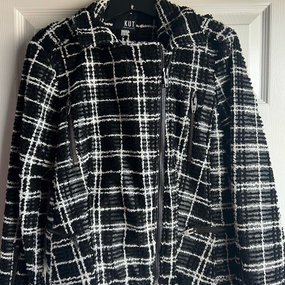 KUT from the Kloth Tweed Plaid Faux Leather Moto Jacket Women's Medium - Picture 12 of 12